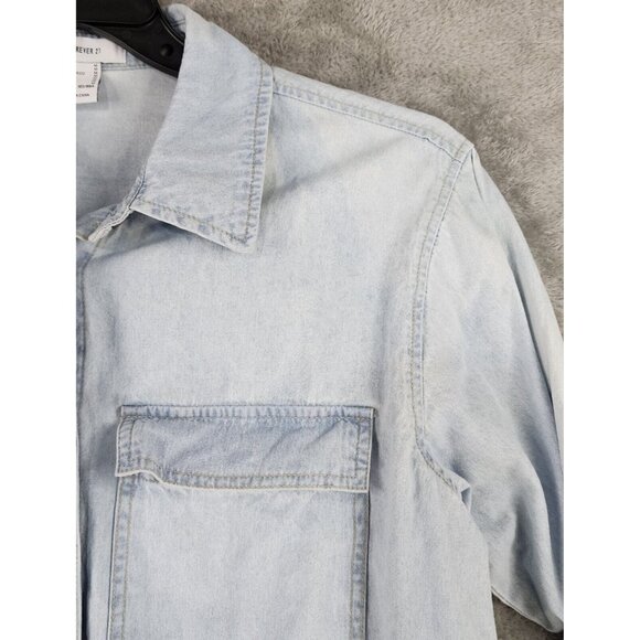 Forever 21 Dress Womens Medium Blue Light Denim Button Up Trumpet Sleeve Mini - Picture 11 of 13